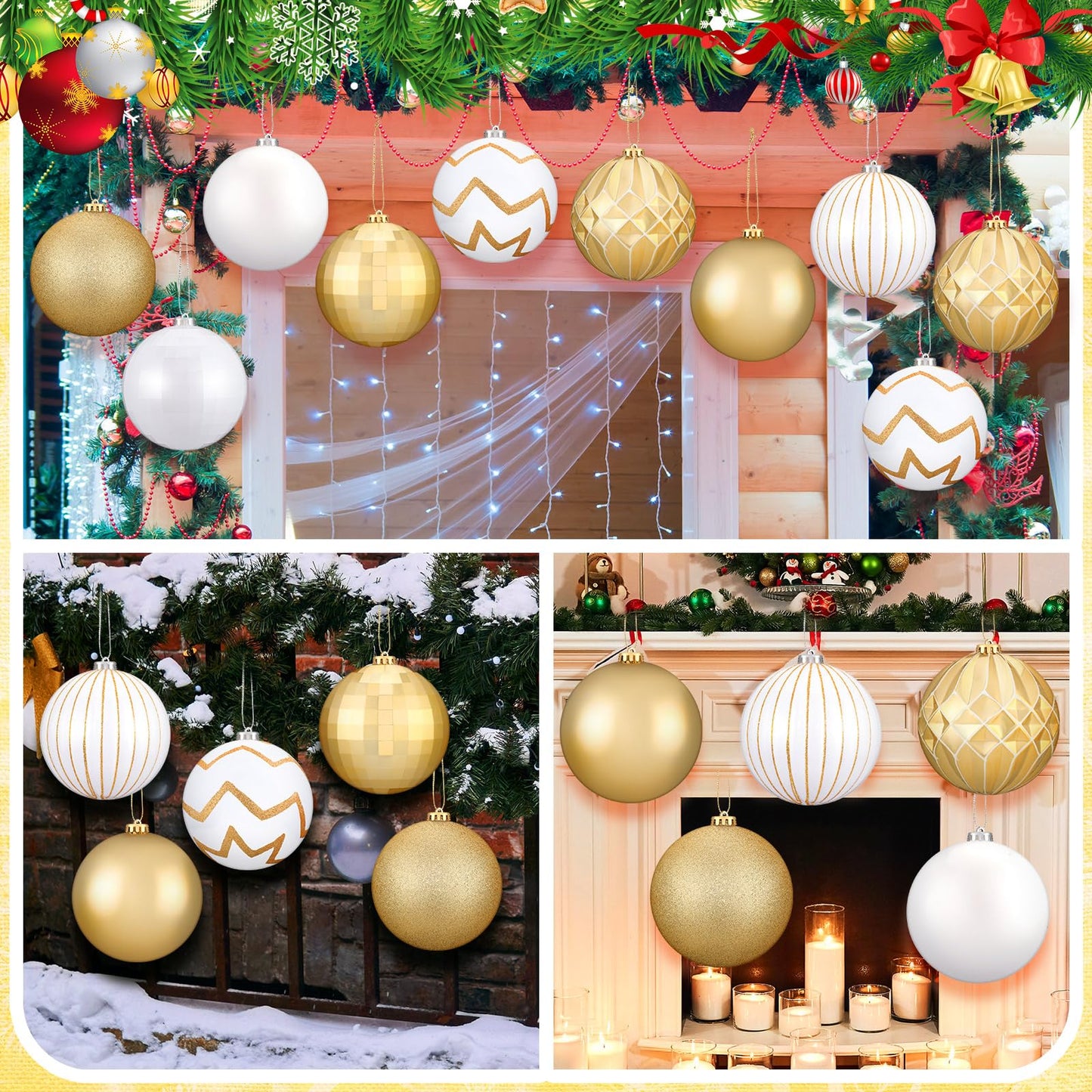 Wettarn Set of 8 Large Christmas Ball Ornaments 6 Inch White Gold Glitter Hanging Christmas Plastic Balls Indoor and Outdoor Hanging Christmas Tree Decorations for Lawn Yard Garden