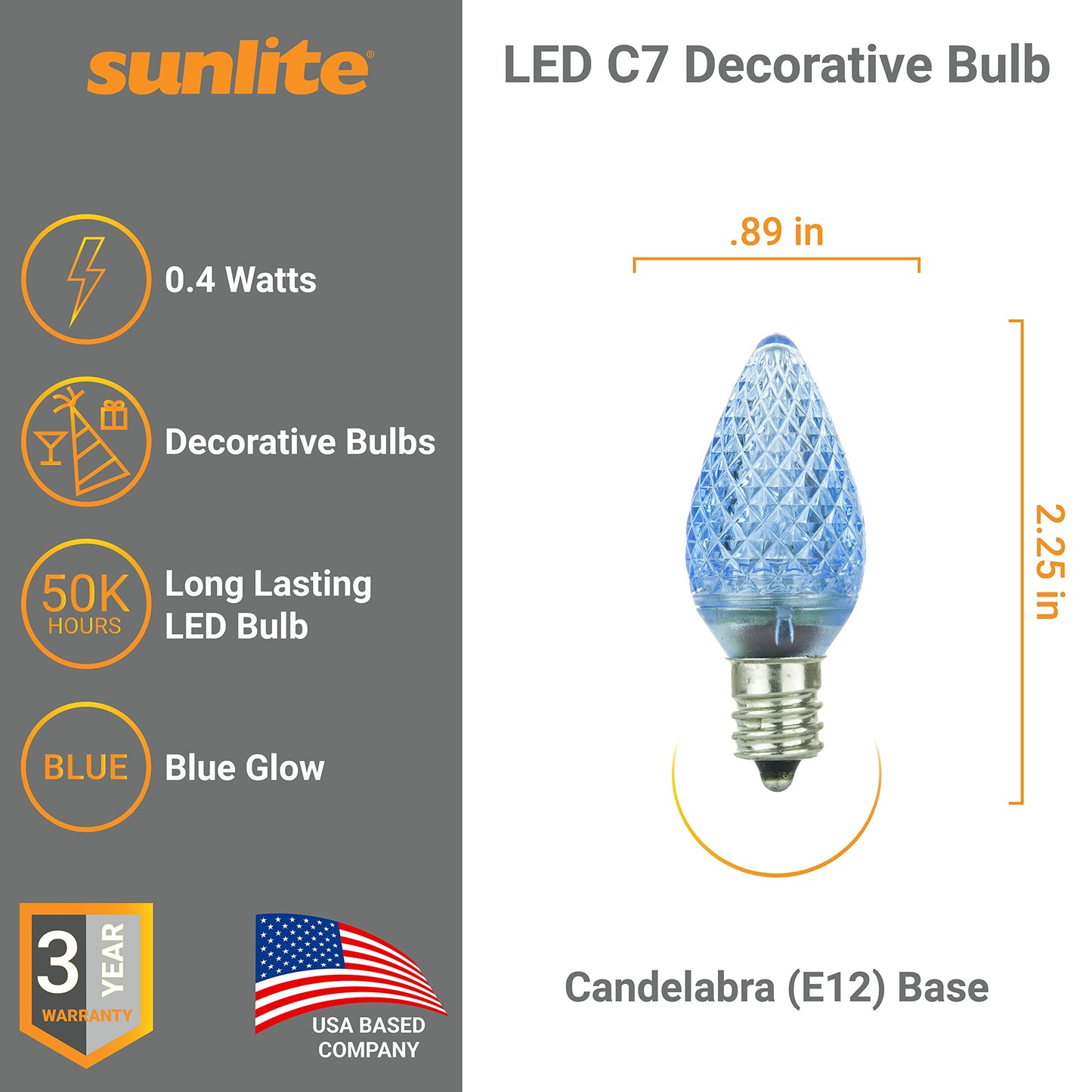 Sunlite 40458 LED C7 Holiday Decorative Light Bulb, 0.4 Watts, E12 Candelabra Base, Faceted Christmas-Lights; Nightlight, Blue 24 Count