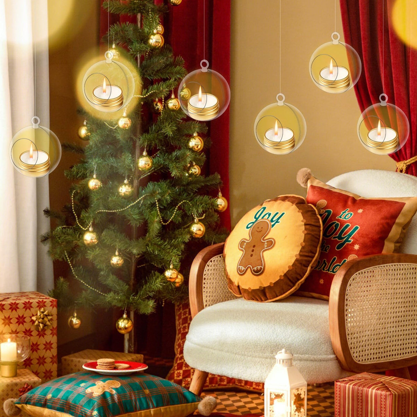 12 Pcs Hanging Globe Tealight Holders Acrylic Fillable Ball Ornaments Clear Plastic Terrarium Globe Hanging Tea Lights Candle Holder with Fishing Line for Christmas Party Wedding Centerpiece