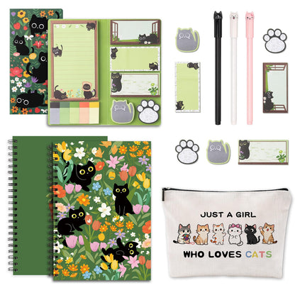 SUMMERGIFTS 6 Pcs Cat Stationery Set Pens Sticky Notes A5 Spiral Notebooks Makeup Bag Pencil Pouch for Girls Women Cute Cat Lovers Christmas Birthday Gifts School & Office Supplies (Cat Floral)