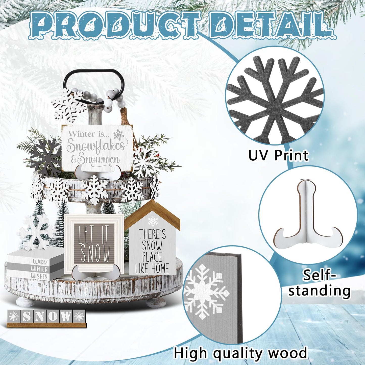 GlikCeil 19 Pcs Winter Tiered Tray Decor Snowflakes Wood Rustic Decoration Tiered Sign Table Centerpieces Without Tray for Tabletop Shelf Winter Xmas Home Party Gifts(Farmhouse)