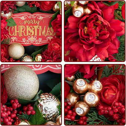 Christmas Wreaths for Front Door 24 Inch Christmas Wreath with Red Flowers, Berries, Gold Ornaments and LED Lights,Holiday Wreath for Indoor Outdoor Christmas Decorations