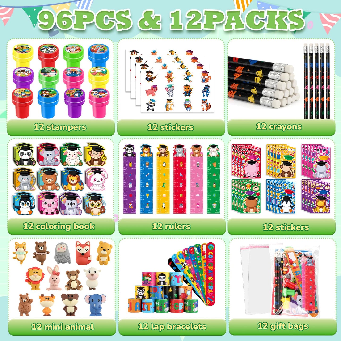 BenLouis 432 Pcs Graduation School Stationery Set Party Favors Preschool Kindergarten Classroom Gift Prizes Bulk for Kids Students Congrats Grad Goodie Bags Stuffers（Graduation Animals）