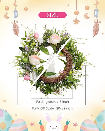 Spring Door Wreath for Front Door with Hook 20-22”, Artificial Spring Door Wreath with White & Pink Peony Lavender Rabbit Wood Sign, Summer Wreaths for Windows Wall Romantic Home Déco