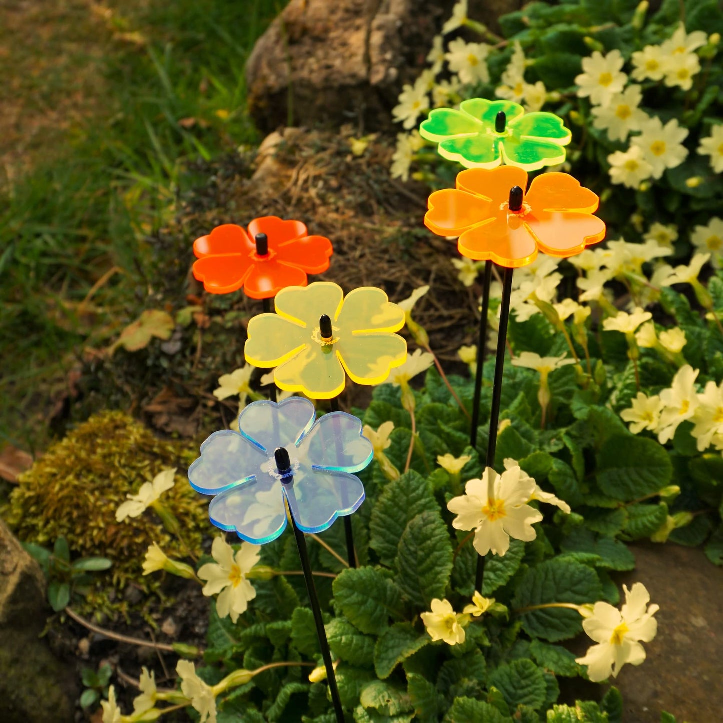 Sun Catcher Garden Decor Glowing Double Blossoms Ornaments Set of 5 Garden Stakes 25cm/9.8 inches high Indoor Outdoor Yard Gardeners Gift, Colour:Mixed Colours