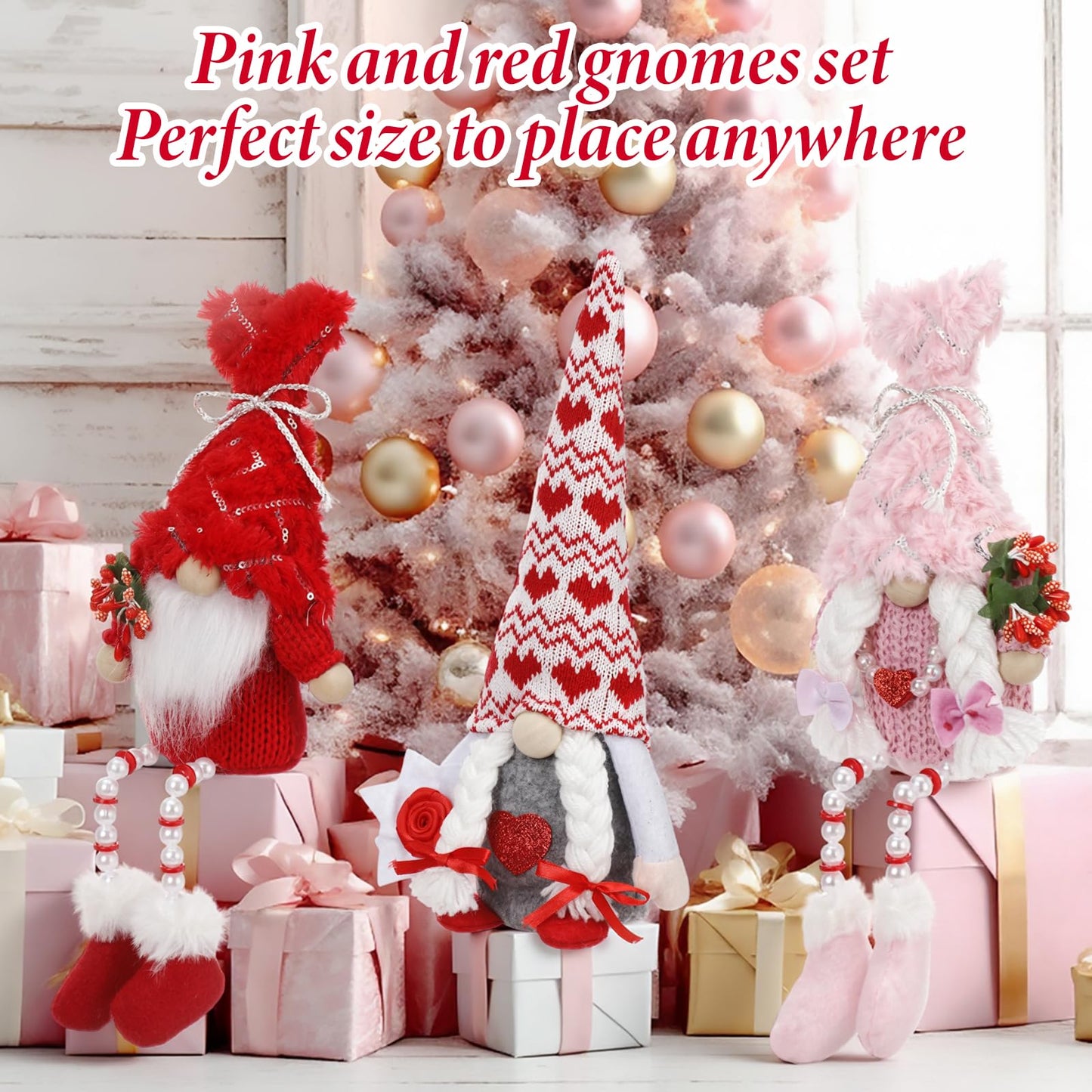 Sumind 3 Pcs Valentines Day Gnome Decorations Valentines Red Gnome Plush Gifts with Long Legs Pink Red Table Sitting Decorations Romantic Gift for Her Him Home Office Decoration