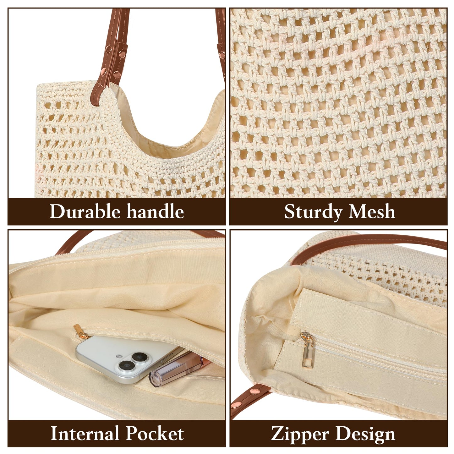 Crochet Mesh Beach Tote Bag, Large Woven Shoulder Bag with Leather Handles, Inner Pocket, Boho Summer Travel Purse for Women