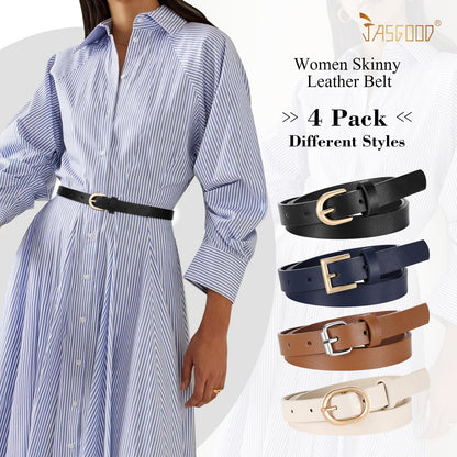 JASGOOD 4 Pack Women Skinny Leather Belt for Dresses with Gold Buckle Ladies Thin Waist Belt for Jeans Pants，Black+Blue+Brown+Beige