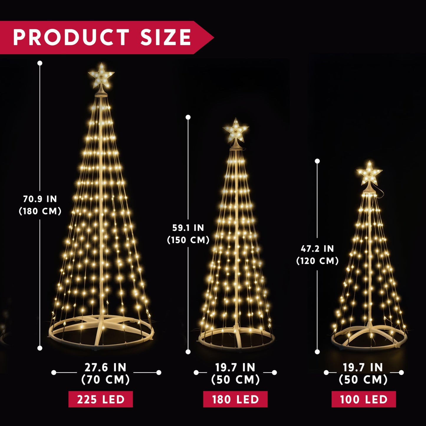 JOYIN 3 Pack LED Christmas Cone Tree Lights, 4FT 5FT 6FT Outdoor Lighted Tree with 8 Lighting Modes & Star Topper, Christmas Decorations for Yard Porch Patio Garden Holiday Decor, Warm White