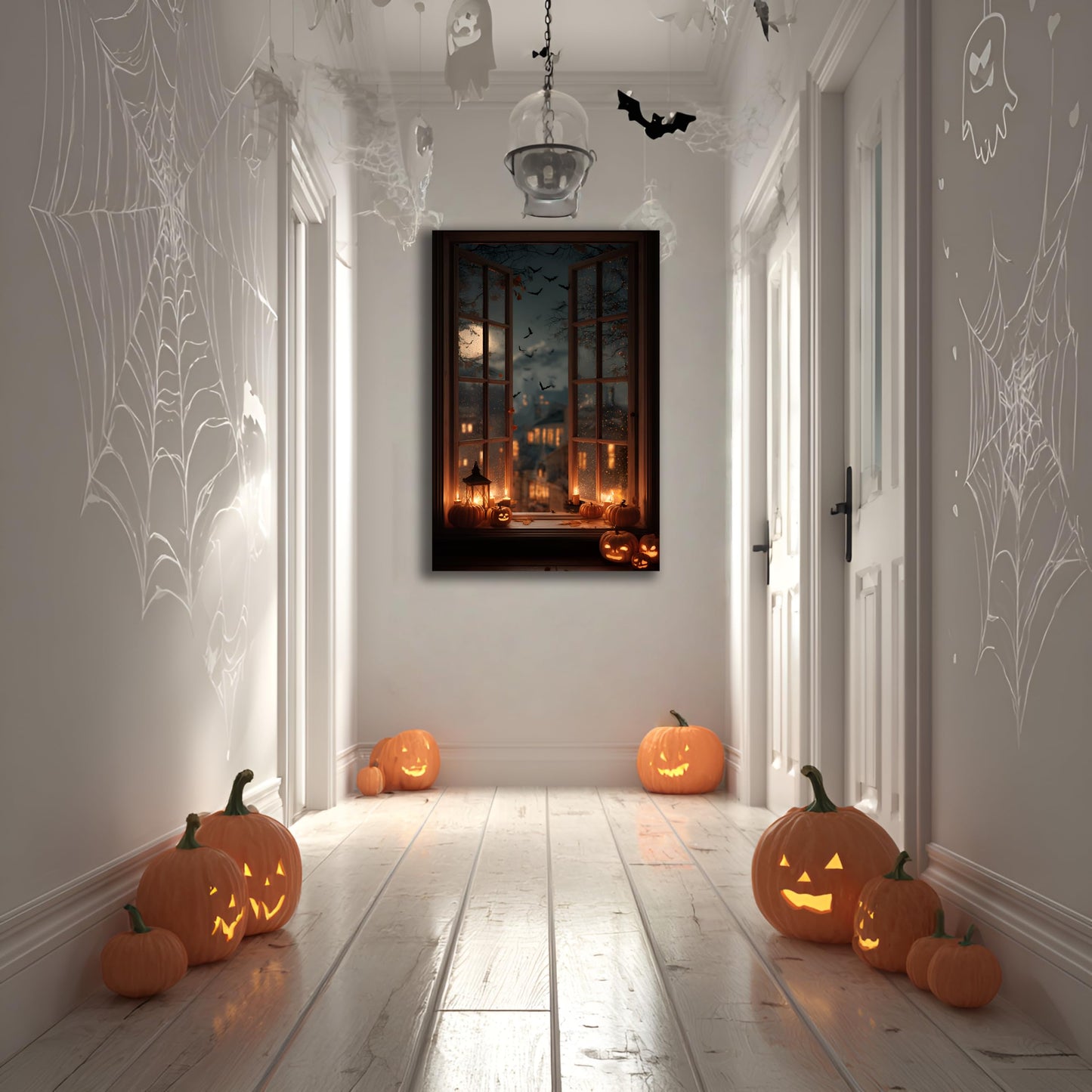 WOOHOOROO Halloween Fake Window Sticker–Peel and Stick 3D Jack O Lantern Pumpkins Bats Haunted House Wall Decor,48" x 32"