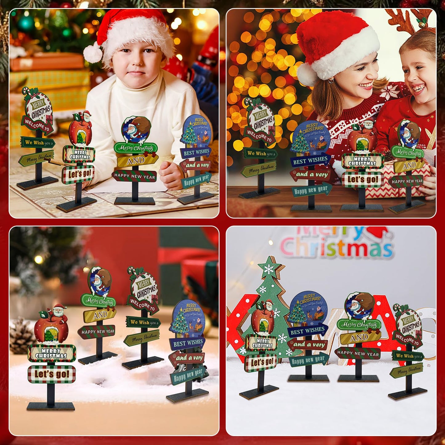 YvSuZeBuDa Christmas Table Decorations, 4 Piece Wooden Rectangular Sign Boards, Rustic Farmhouse Style, Polychrome, 8.86 x 4.72 Inches, Wall Mount with Twine, Cozy Theme (Christmas Apple)