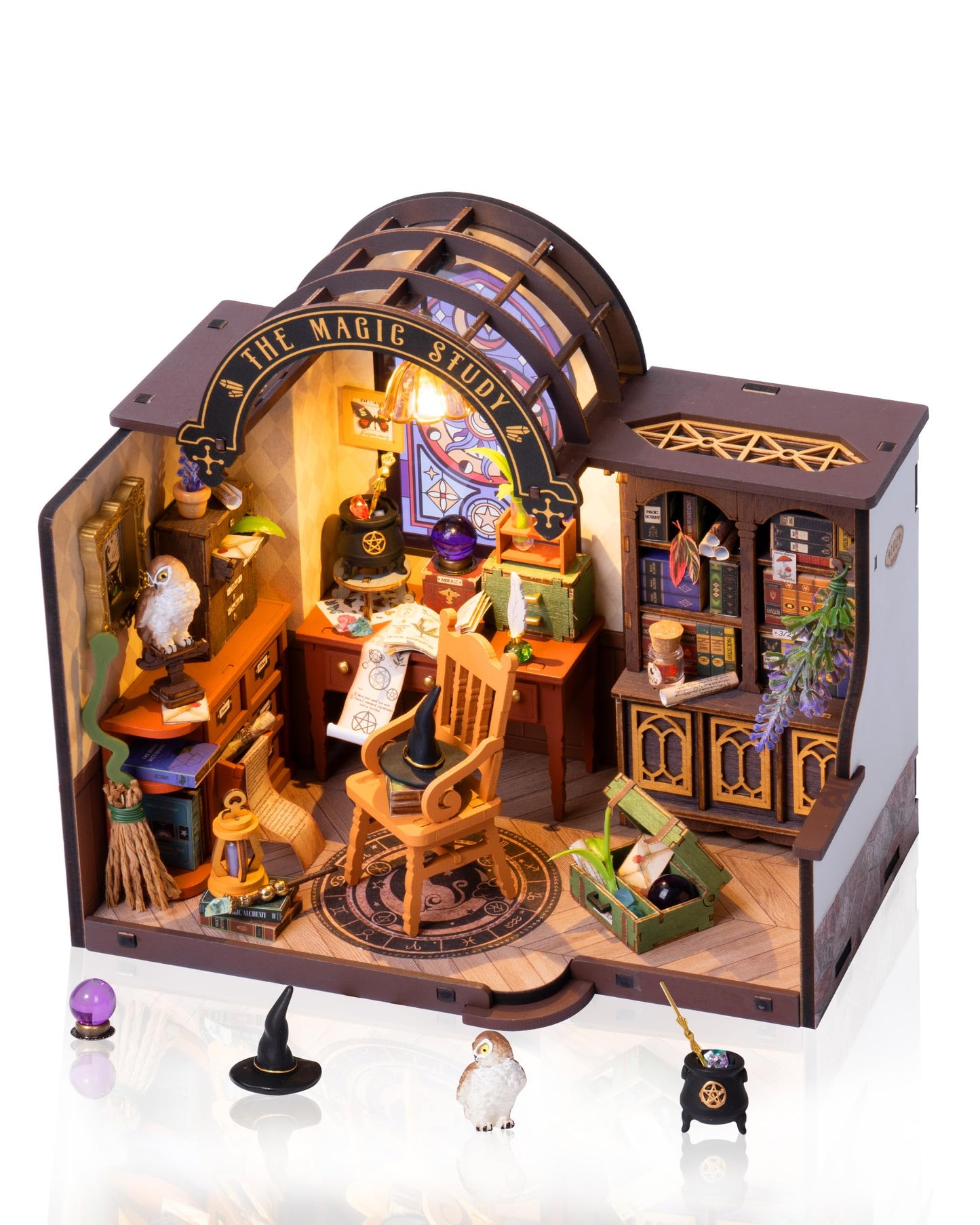 Rowood Magic Study Miniature House Kit, DIY Miniature Dollhouse Kits for Adults, Wizard Mini House Craft Kits for Women with LED, Halloween Christmas Birthday Gift for Adults (The Magic Study)
