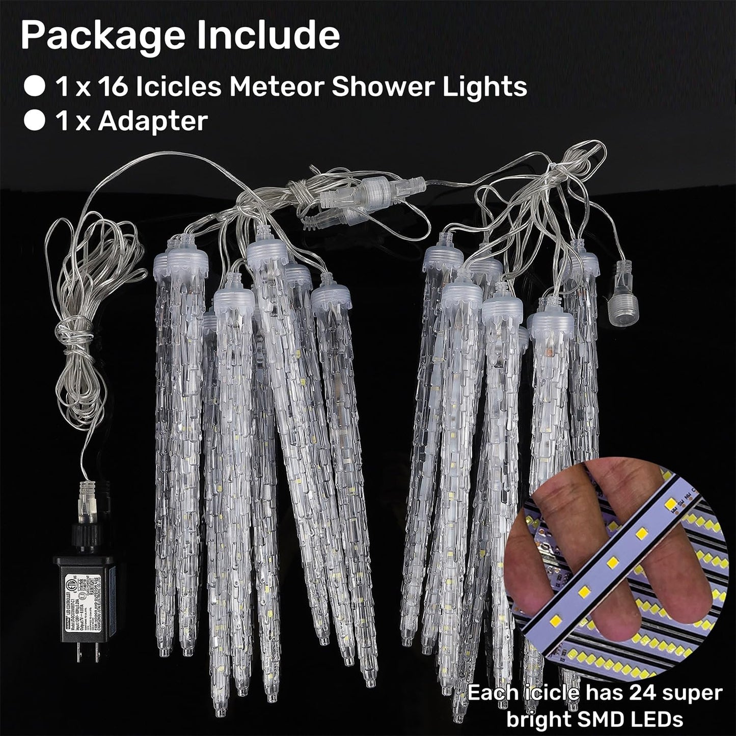 WATERGLIDE 16 Icicles Meteor Shower Lights, 12" Outdoor Icicle Christmas Lights 384 SMD LED Crystal Ice Falling Light, Connectable Raindrop Iciclelight, Xmas Winter Party Tree Holiday Decor, White