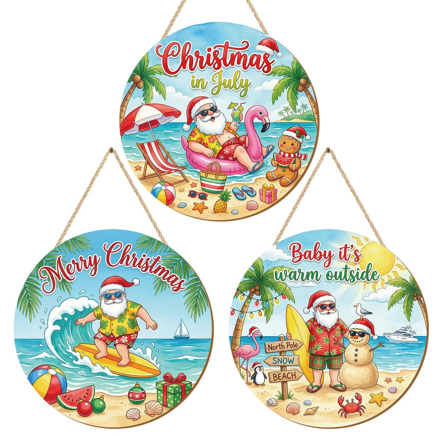 Shejdgart Summer Christmas Door Decorations - 3 Pcs Christmas in July Front Door Sign Xmas Santa Beach Snowman Hawaiian Wooden Hanger Door Sign for Farmhouse Home Wall Living Room Party Supplies