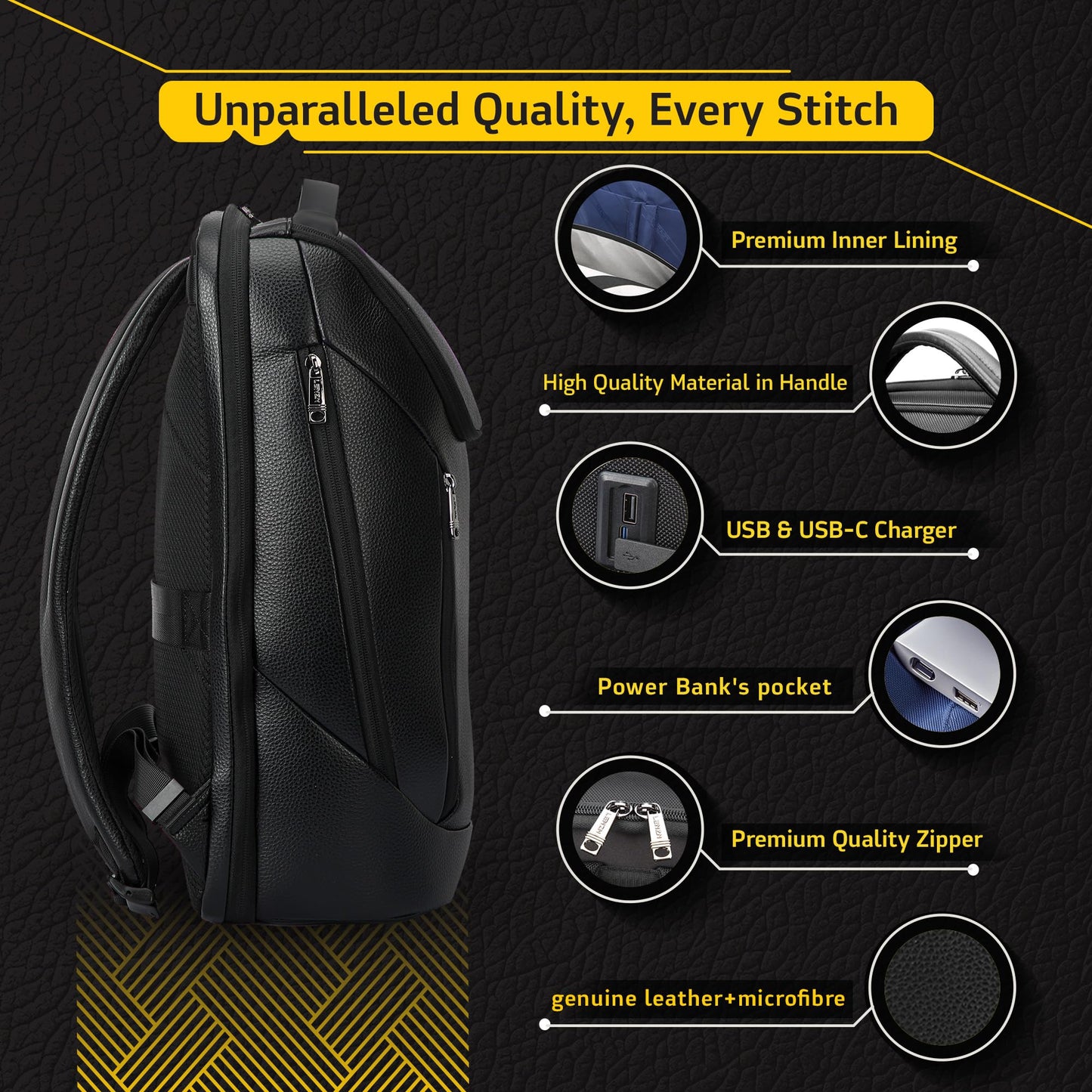 LENZN Durable Leather Laptop Business Backpack Perfect for Men & Women, Work Backpack Fits 15.6 Inch, Premium Quality Travel Bag with USB Charging Port, Water-Resistant, Bookbag with Multiple Pockets