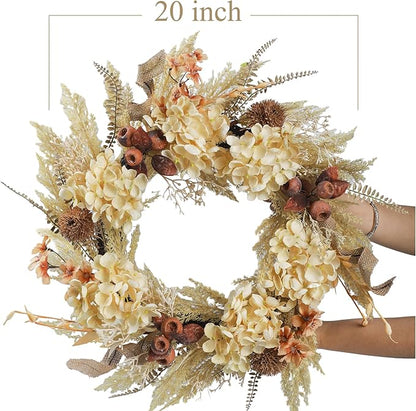 20 Inch Winter Fall Wreaths for Front Door, Boho Front Door Wreath, Fake Dried Hydrangea Flowers, Burlap, Pampas Fall Decorations for Home Farmhouse Front Porch
