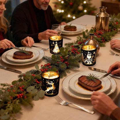 Votive Candle Holders, Black and Gold Glass Christmas Candle Holder Set of 3, Tea Light Holders with Santa Claus, Reindeer, Xmax Tree Pattern, Christmas Table Canterpieces for New Year Party Decor