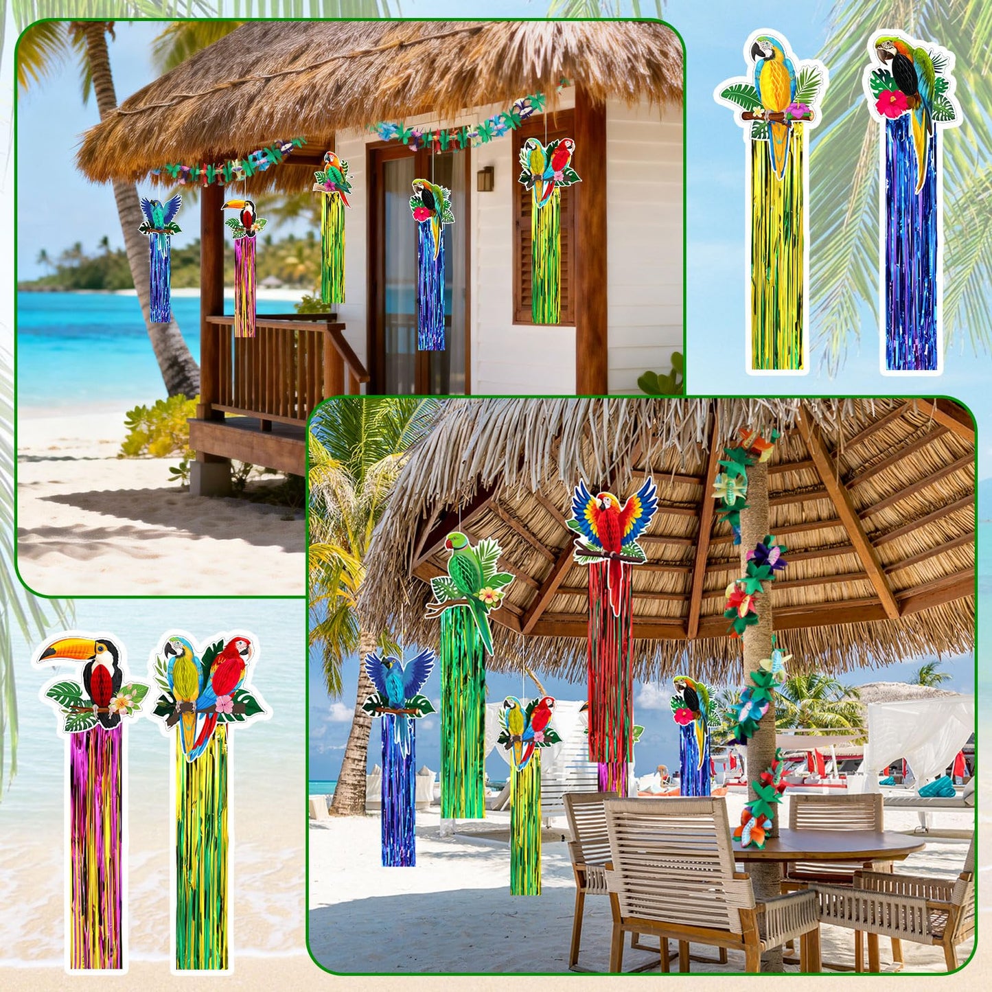Gemscream 10 Pack 2026vbs Rainforest Tropical Birds Decorations Set Hawaiian Luau Party Supplies Includes 8 Pcs Tassel Hanging Swirls 2 Pcs 6.6ft Tropical Garland Decor for Beach Birds Birthday Party