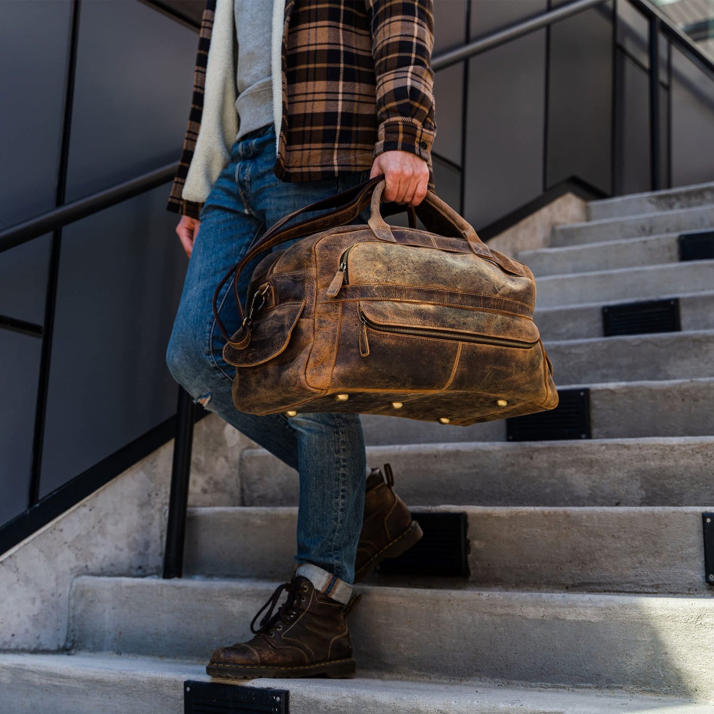 KomalC Leather Travel Duffel Bags for Men and Women Full Grain Leather Overnight Weekend Bags Sports Gym Duffle