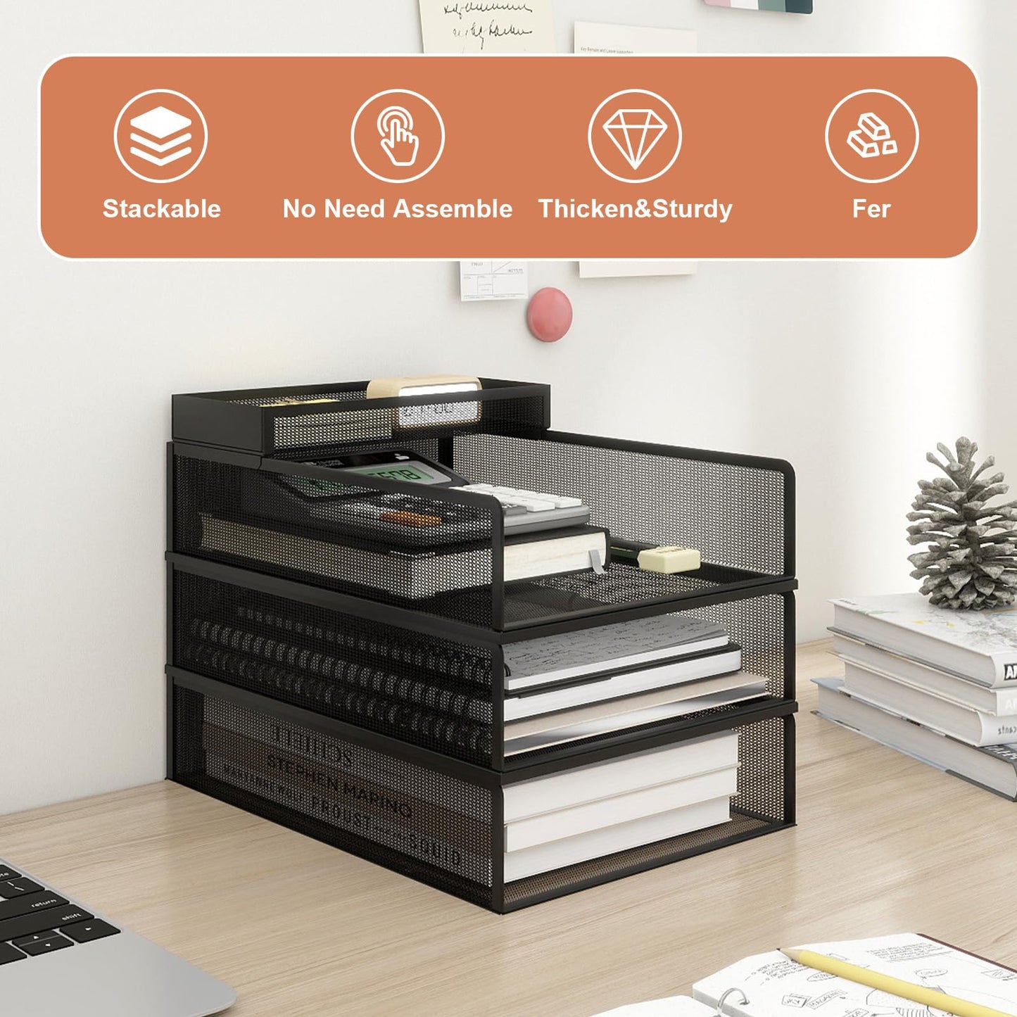 Natwind 3 Tier Stackable Paper Trays for Letter Documents, Desktop File Organizers for Office Supplies, Metal Mesh Desk Organizer，Office Organizer，Letter Trays for Home, Office, School，Black