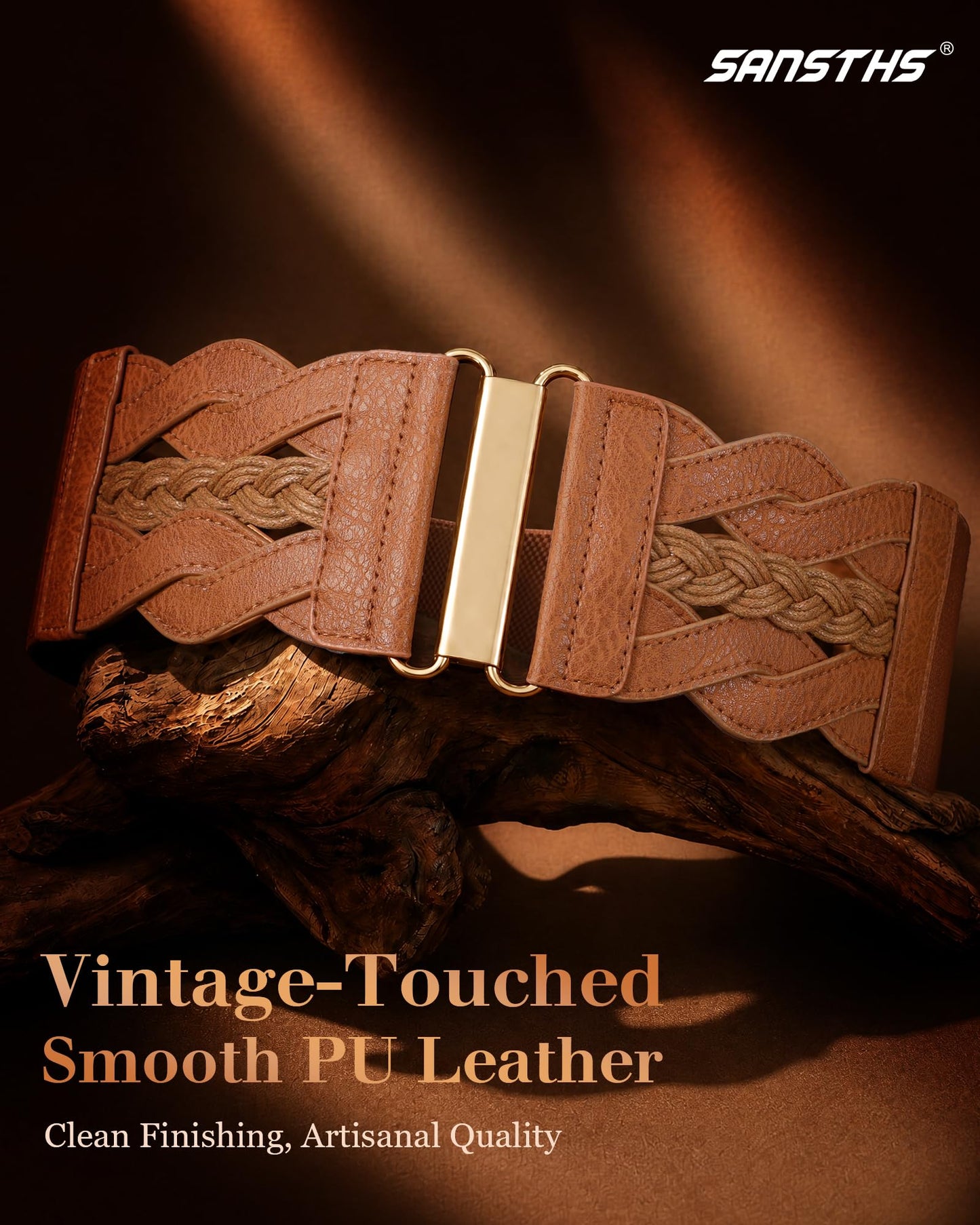 SANSTHS Women Wide Elastic Waist Belt, Vintage Stretchy Belt with Gold Buckle Fashion Women Belt for Dresses Skirts Coats