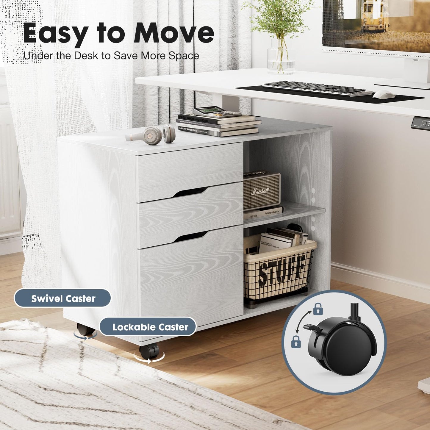 DUMOS Lateral File Cabinet with 3 Drawers Rolling Filing Cabinets Under Desk Storage Printer Stand Wood Organizer with Wheels Adjustable Shelf for Office Home Small Space, White