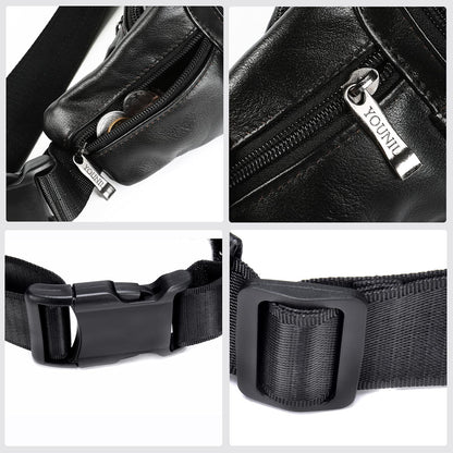 OrrinSports Black Leather Fanny Pack for Men & Women, Fashionable Multi-Pockets Waist Belt Bag for Travel Sports Hiking Cycling Fishing Running