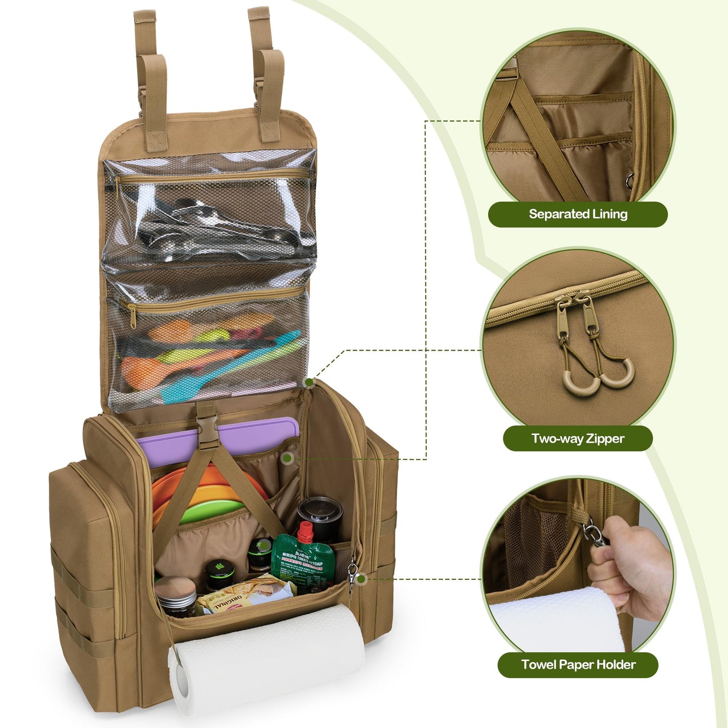 HODRANT Large Tactical Camping Kitchen Organizer, Hanging Cookware Storage Bag with Paper Towel Holder & Multi Pockets, Portable Camp Utensil Organizer for BBQ Cooking Essentials, Khaki, Bag Only