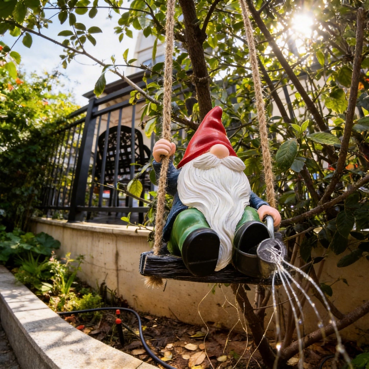 QCF Hanging Garden Gnomes Statues Solar Watering Can Fairy Lights, 6.7''H Swings Gnome Cascading LED Decor for Yard Balcony Backyard Tree Outside, Housewarming Birthday Gifts for Woman Mom Grandma