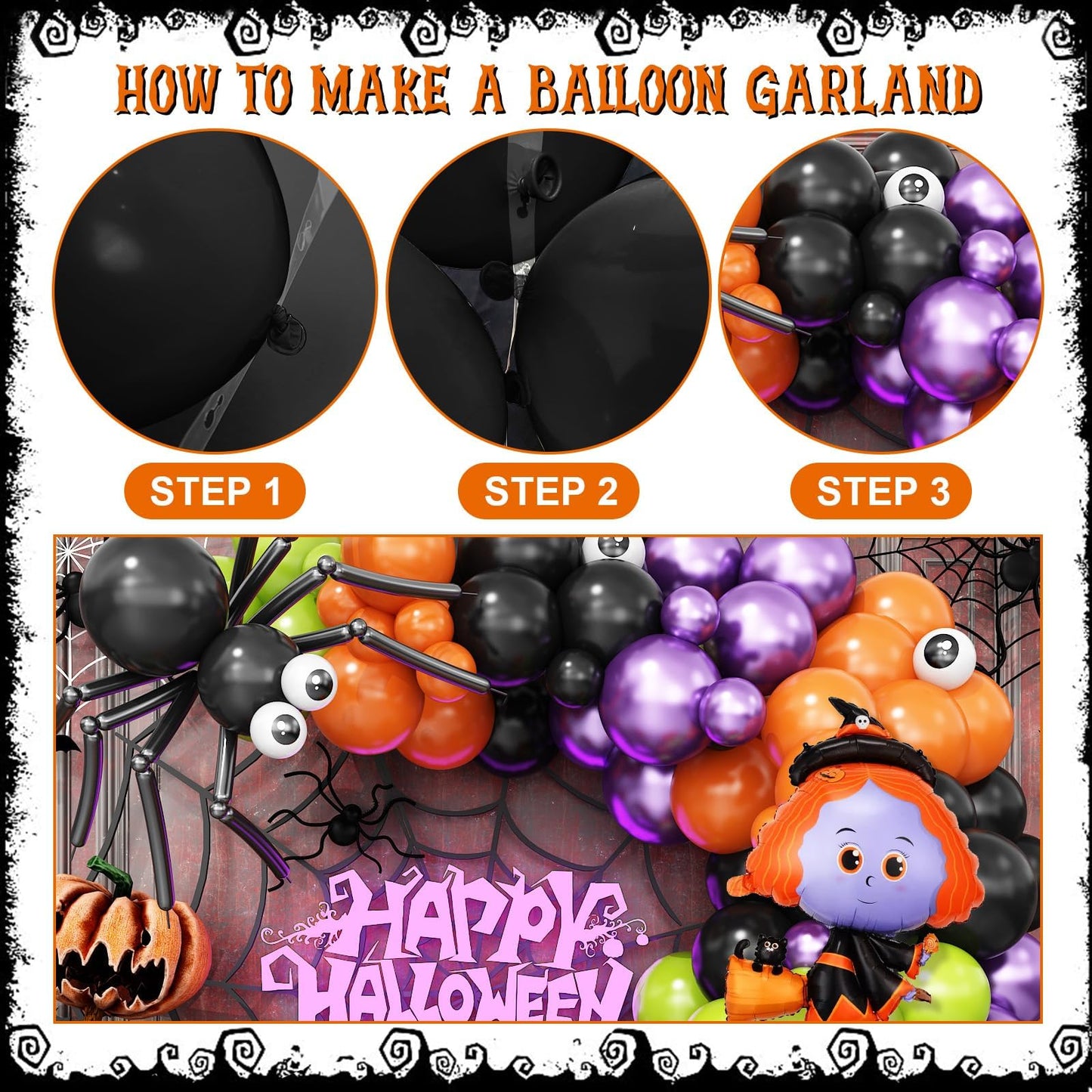 Halloween Balloons Arch Black Orange Purple Green Balloons Garland Witch Cat Foil Spider Balloon Pumpkin Birthday Decorations Metallic Purple Lime Green Latex Helium Balloon Set for Party Supplies