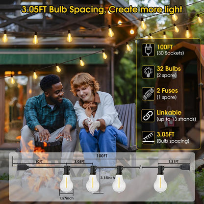 Larkvue 100FT LED Outdoor String Lights, Waterproof Patio Lights with 32 Shatterproof Dimmable 2700K A39 Bulbs Hanging Lighting for Outside Backyard