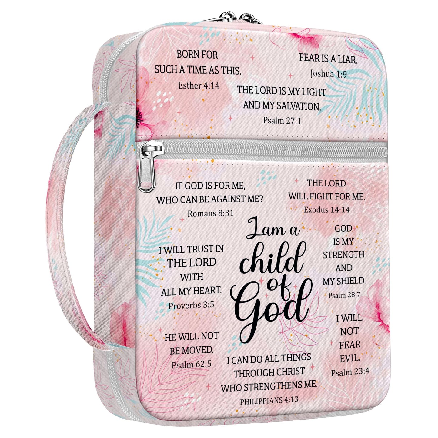 MYSMOR I Am A Child Of God Bible Cover for Women, Floral Scripture Bible Case with Handle and Zipper Pocket, Christian Bible Bag for Girls, Fits Standard Size, Church Gift for Faith and Prayer
