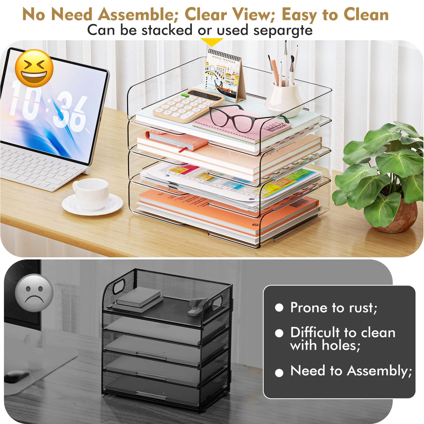YKLSLH 4 Trays Paper Organizer Letter Tray - Acrylic Desk File Organizer, Stackable Clear Paper Holder Sorter Office Organizer for Letter/A4, Office File Ipad Books Notes Etc