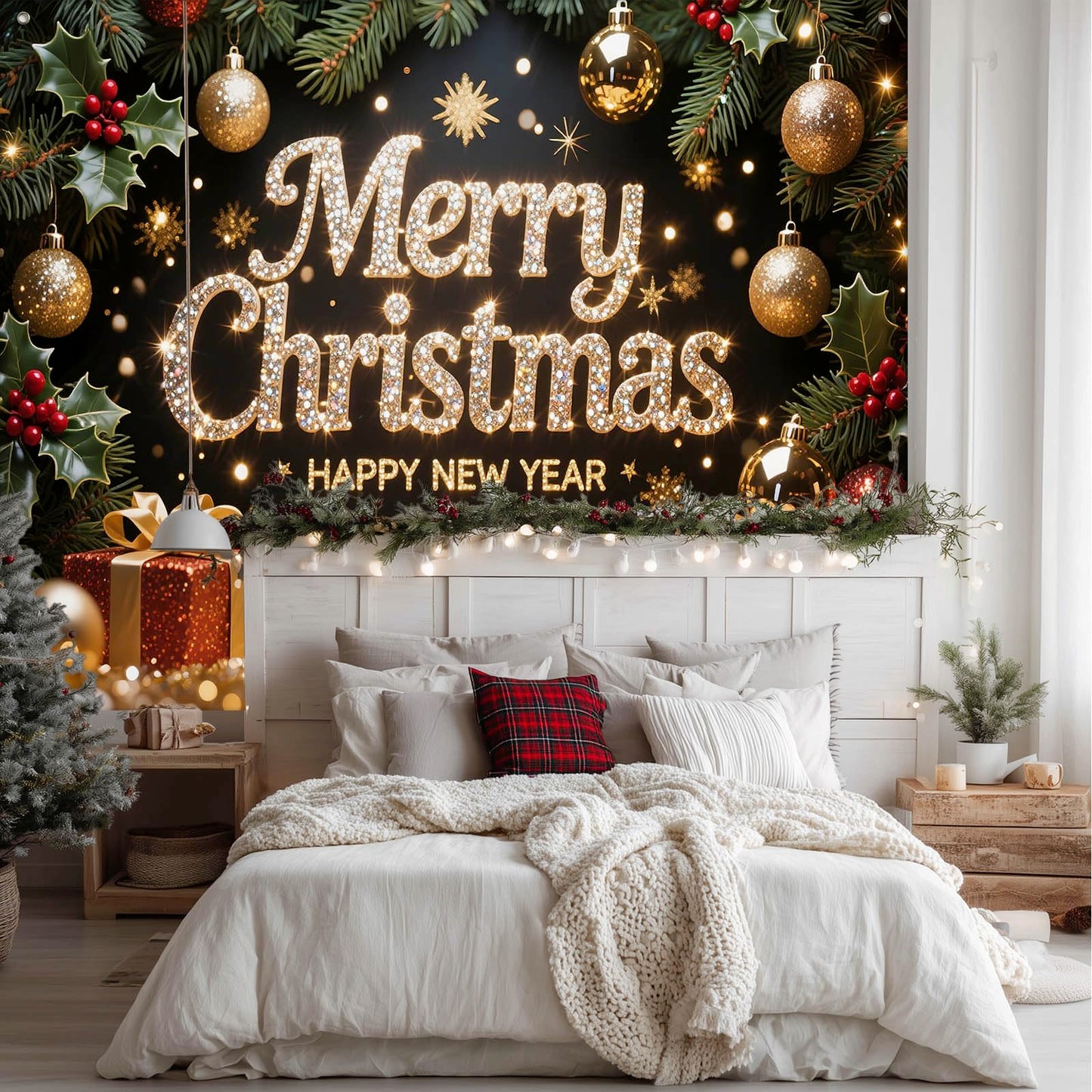 HOMETITUTE Merry Christmas and Happy New Year Backdrop 8×6ft Black Gold Holiday Photo Background with Gifts Ornaments Lights Party Banner Decoration