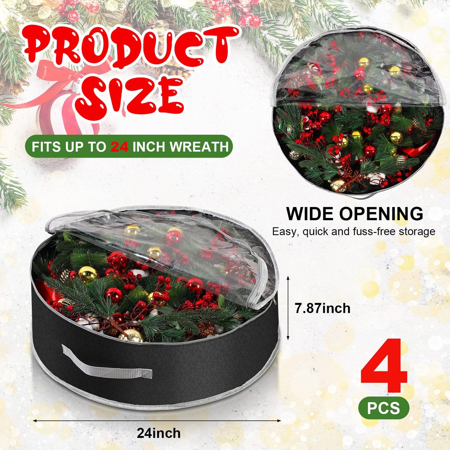 Aliceset 4 Pack Wreath Storage Containers, Ornament Garland Wreath Storage Bags with Handle Zipper Decorative Storages Box for Christmas in July Wreaths(24 x 24 x 7.8 Inch,Black)