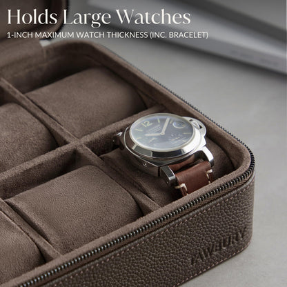 TAWBURY Watch Case - 6 Slot Genuine Top-Grain Leather Watch Box for Men & Women with Extra Wide Pillows for Large Watches - Portable Wristwatch Storage for Home & Travel (Brown)