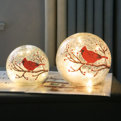 Kaowod Crackle Glass Ball Cardinal Lamp with Timer, Light Up Red Cardinal Stained Glass Christmas Decor Accent Lamp, Lighted Red Bird Globe Table Light, Orb Night Light, Led Sphere Desk Lamp