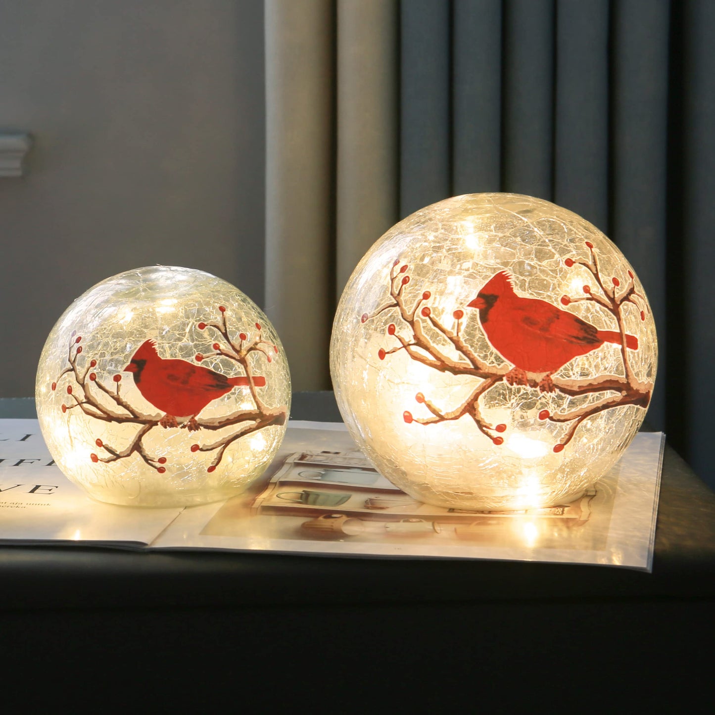 Crackle Glass Ball Cardinal Lamp With Timer - Light Up Red Bird Stained Glass Christmas Decor Accent - Orb Night Light LED Sphere Desk Globe Table Lamp