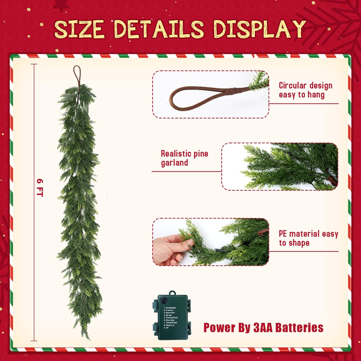 Joyhalo 6FT Christmas Garland Real Touch Cedar Garland Artificial Realistic Faux Cedar Garland with Lights for Mantle, Fireplace, Stairs Railing,Table Decor and Indoor Christmas Decorations