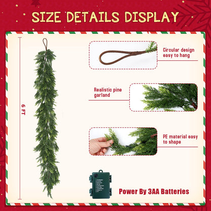 Joyhalo 6FT Christmas Garland Real Touch Cedar Garland Artificial Realistic Faux Cedar Garland with Lights for Mantle, Fireplace, Stairs Railing,Table Decor and Indoor Christmas Decorations