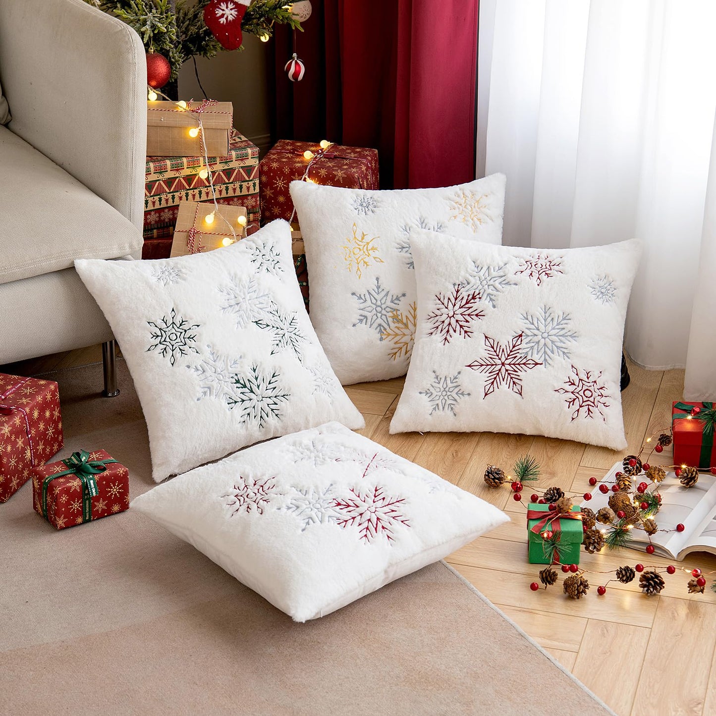 MIULEE Pack of 2 Christmas Decorative Throw Pillow Covers Soft Faux Fur Pillow Cases with Embroidery Snowflake Winter Cute Pillowcases Holiday Decor for Couch Sofa Bedroom, 18×18 Inch, Burgundy