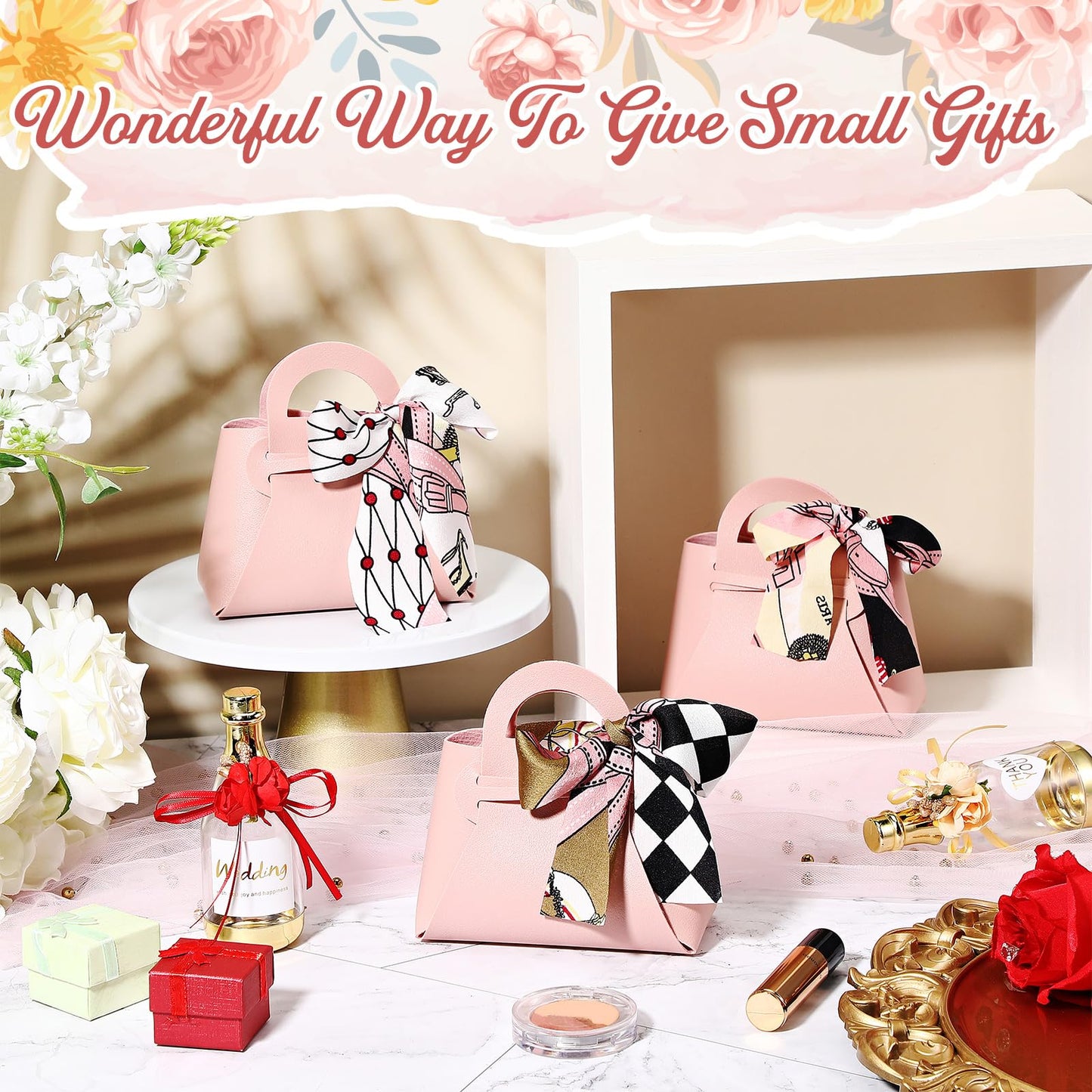 Abbylike 18 Pcs PU Leather Purse Gift Bags with Handles Ribbon Wedding Purse Party Favor Candy Boxes Treat Goodie Bag for Birthday Bridal Baby Showers Party (Pink)