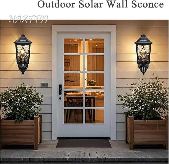 Solar Outdoor Wall Lamp Waterproof Aluminum Outside Solar Wall Lantern with Remote Control Black Outdoor Porch Lights Wall Mount with Water Ripple Handmade Solder Glass LED Bulb Included