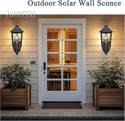 Solar Outdoor Wall Lamp Waterproof Aluminum Outside Solar Wall Lantern with Remote Control Black Outdoor Porch Lights Wall Mount with Water Ripple Handmade Solder Glass LED Bulb Included