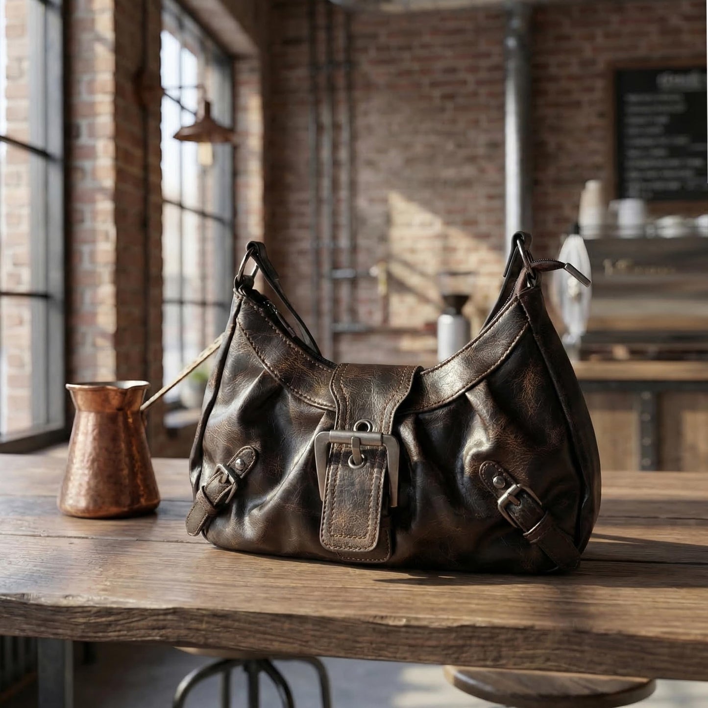 Perphy Shoulder Bag for Women Y2K Underarm Purse Retro Crescent Handbag with Belt Buckle 11.4 * 3.1 * 6.3 inches Coffee