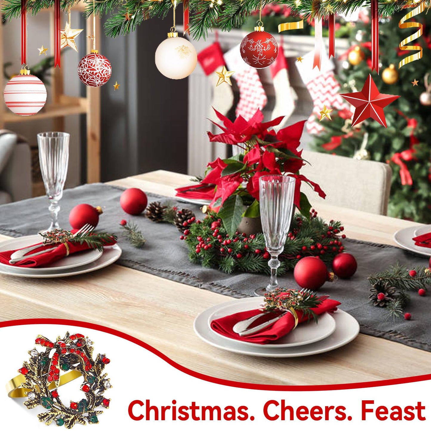 ZeeDix Christmas Wreath Napkin Rings Set of 12, Holiday Rhinestone Christmas Napkin Ring Holders for Cloth Napkins, Napkin Buckle for Thanksgiving Holiday Dinner Table Decor