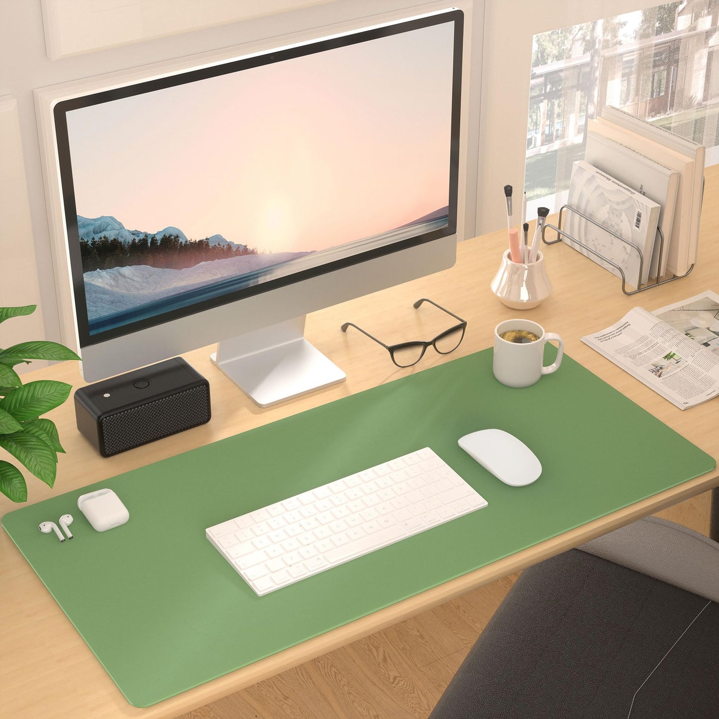Roslim Leather Desk Pad Protector,Mouse Pad,Non-Slip Computer Mat for Desk,PU Leather Office Desk Mat for Home & Office,Waterproof Laptop Desk Blotter for Keyboard and Mouse,Olive Green ((17''X48'')