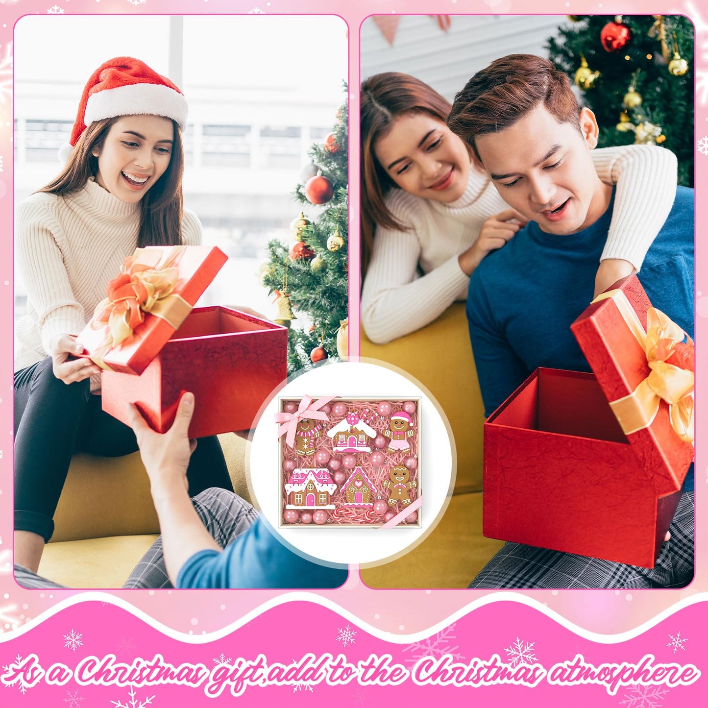 Threehoney 18 Pcs Pink Gingerbread Man Ornaments for Christmas Tree Pink Gingerbread House Candy Cane Pendant Charm Cute Plastic Christmas Decoration Hanging Party Decor for Xmas Winter Party Supplies