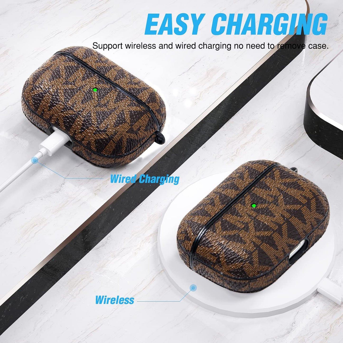 TANGABA for AirPods Pro Case Cover, Full-Body Protective Hard Shell Leather Airpods Pro Protective Cover with Keychain for AirPods Pro Wireless Charging Case, Front LED Visible