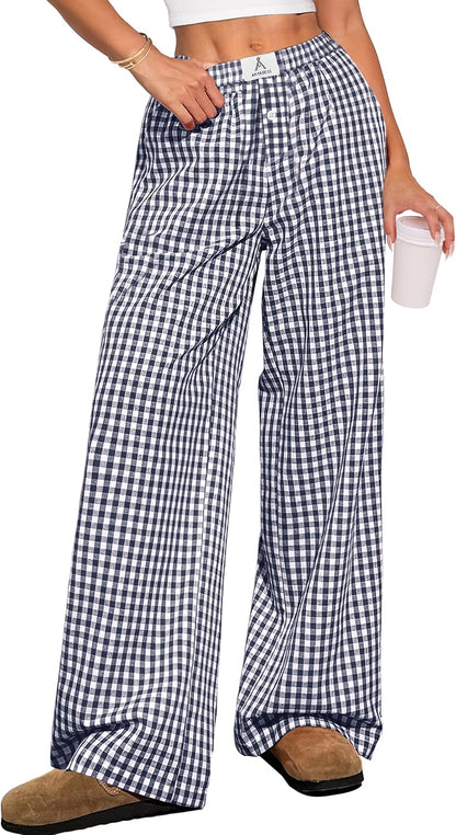 ANRABESS Womens Striped Gingham Pants 2025 Pajama Lounge Boxer Pants Cute Comfy PJ Bottoms with Pockets Y2K Plaid Outfits